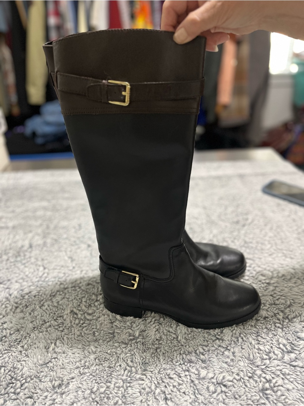 Ralph Lauren Two-Tone Black and Brown Over-the-Knee Leather Boots